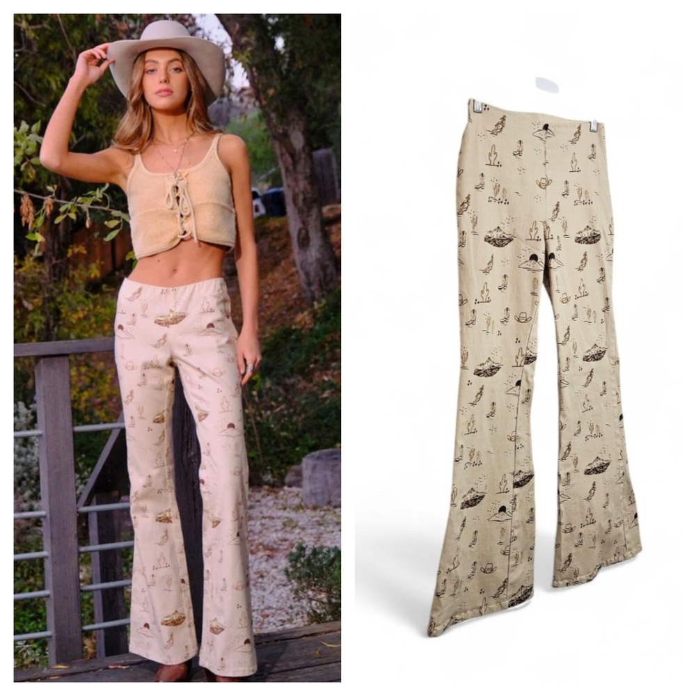 Rockin G Flare Pants S Across the Prairie Pull On Boho Western Graphic Print